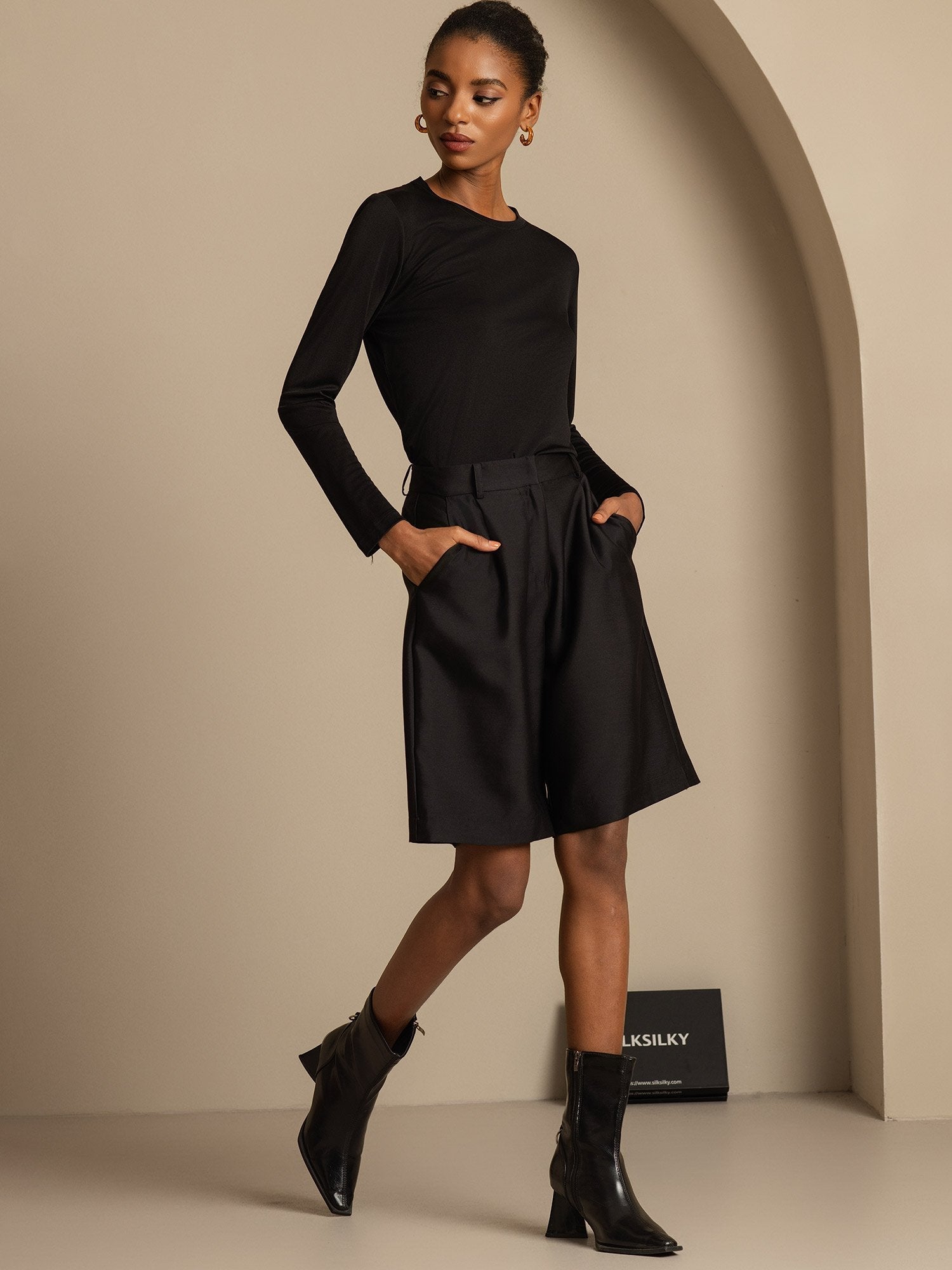 [Negro] SilkSilky-ES 32Momme Silk-Wool Blend Womens Shorts 006,