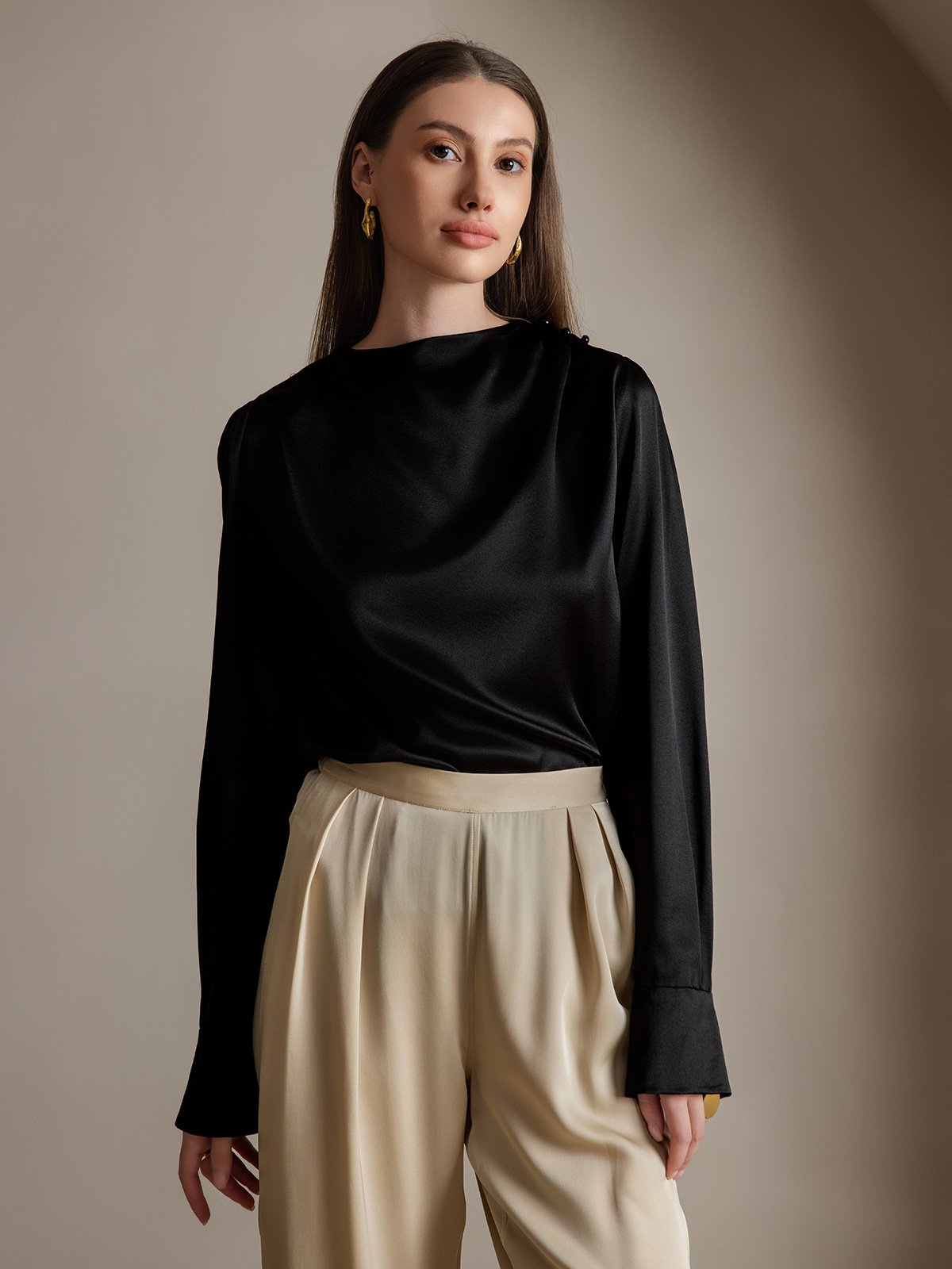[Negro] SilkSilky-ES 19Momme Seda Womens Shirt 001