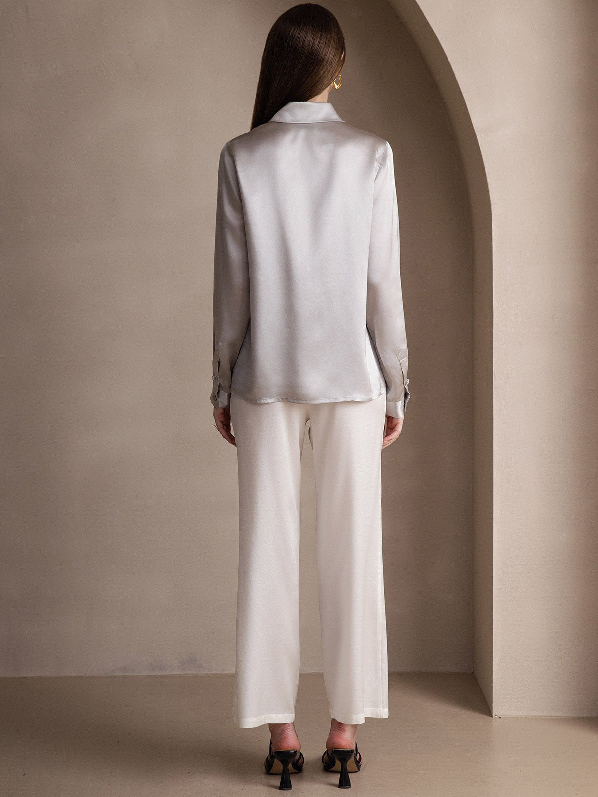 [Gris Claro] SilkSilky-ES 19Momme Seda Manga larga Cuello Camisero Blusas de Mujer 002