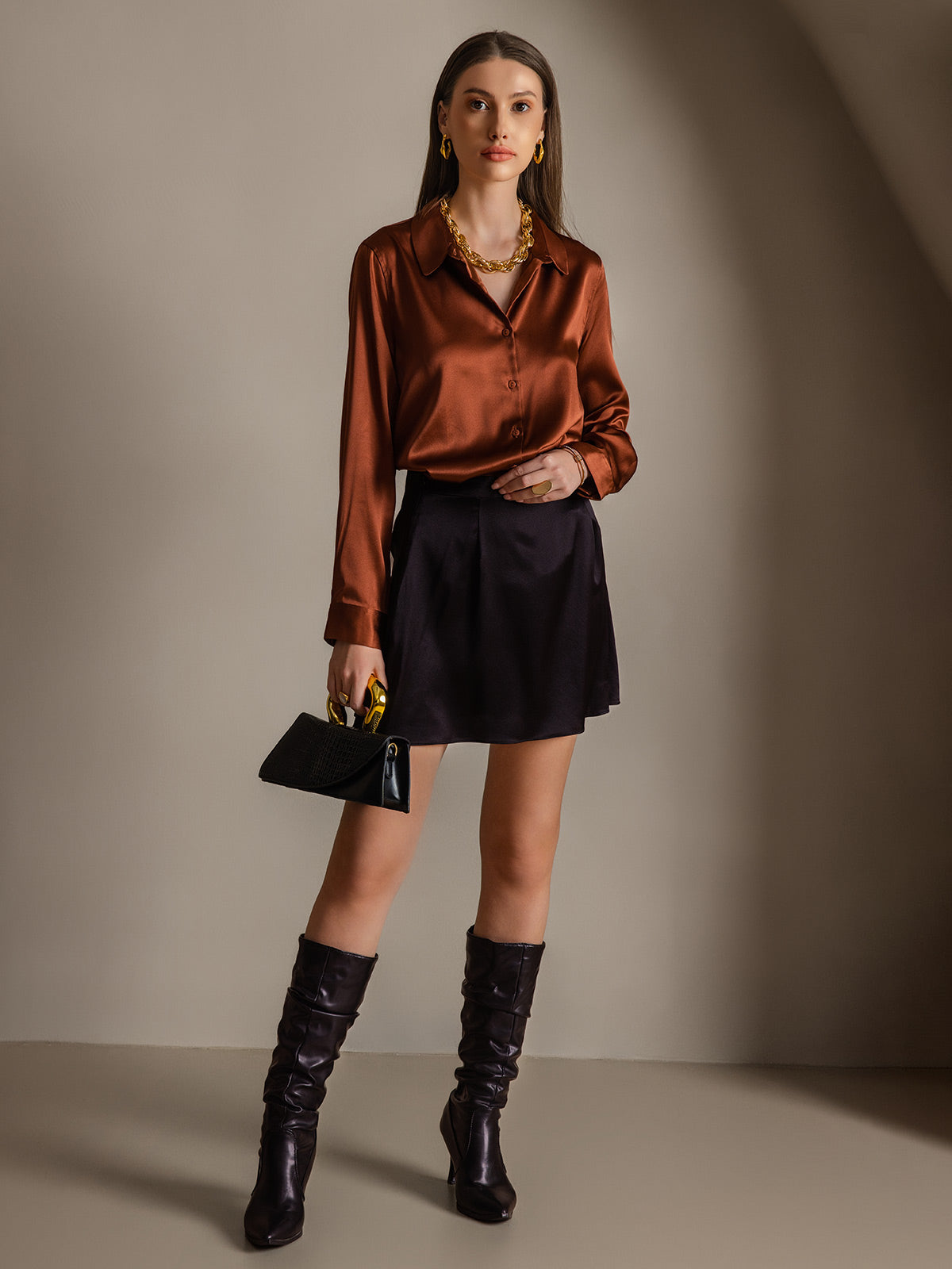 [Caramelo] SilkSilky-ES Seda Manga larga Cuello Camisero Blusas de Mujer 005