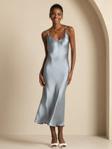 [Azul Grisáceo] SilkSilky-ES Spaghetti Strap V Neck Vestido 007