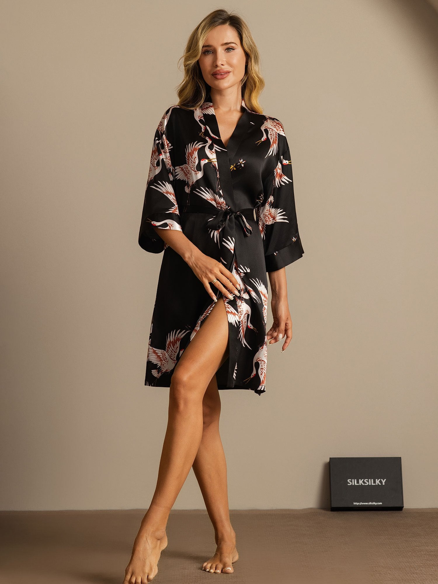 [Negro] SilkSilky-ES 19Momme Seda Pura Womens Robe 003