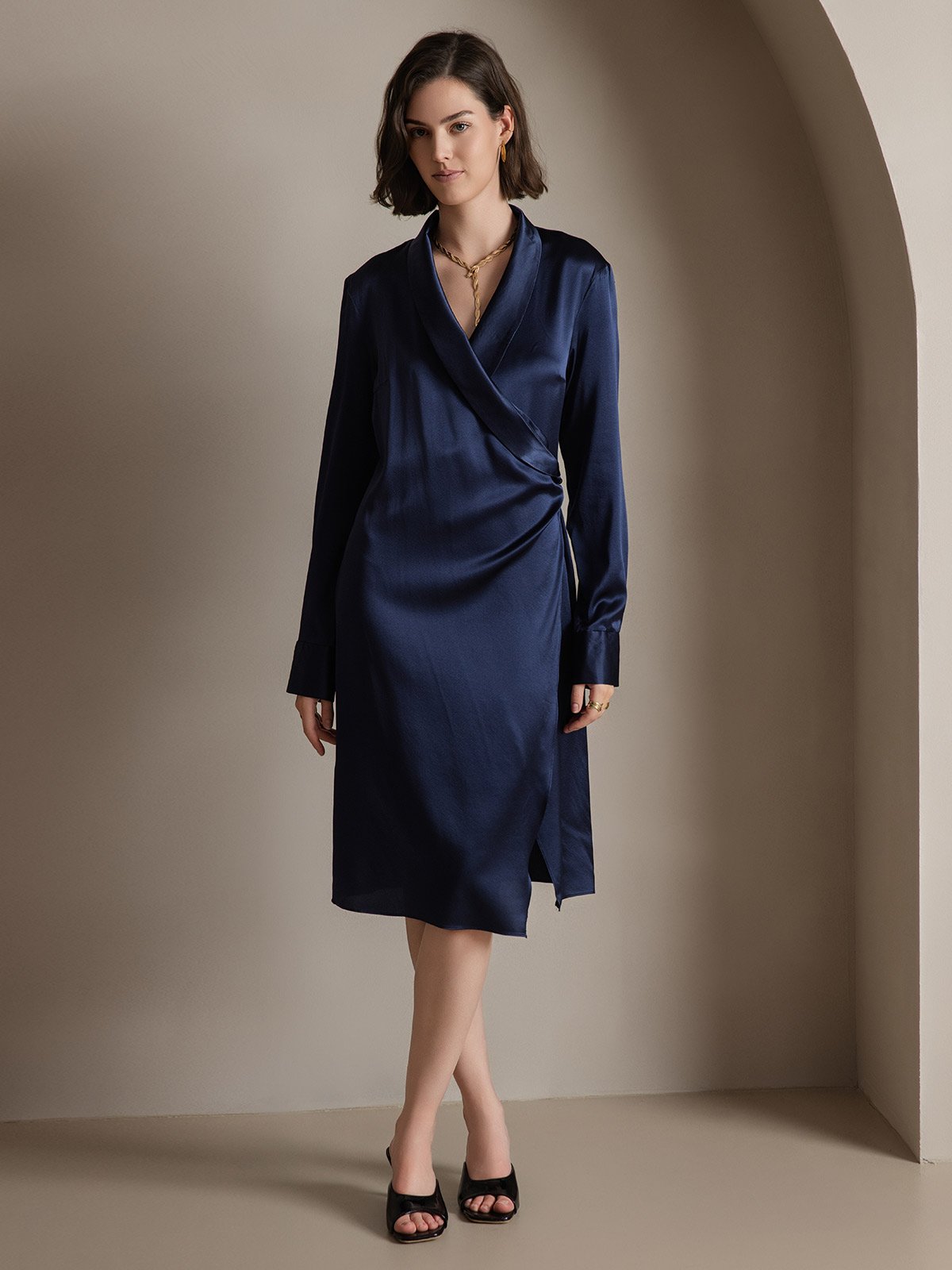 [Azul Oscuro] SilkSilky-ES 19Momme Seda Cuello en V Vestido 004