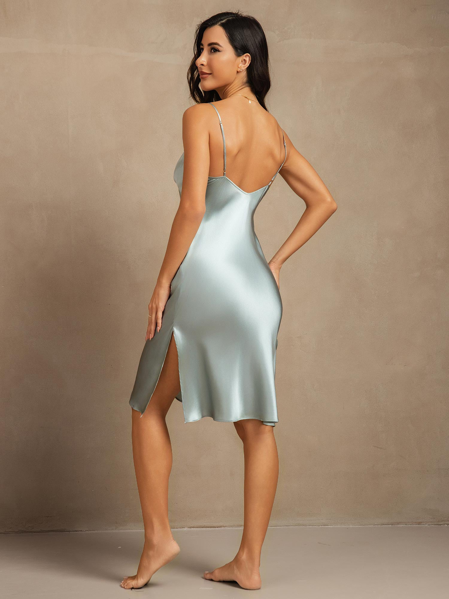 [Azul Claro] SilkSilky-ES Seda Pura Cuello en V Vestido 002