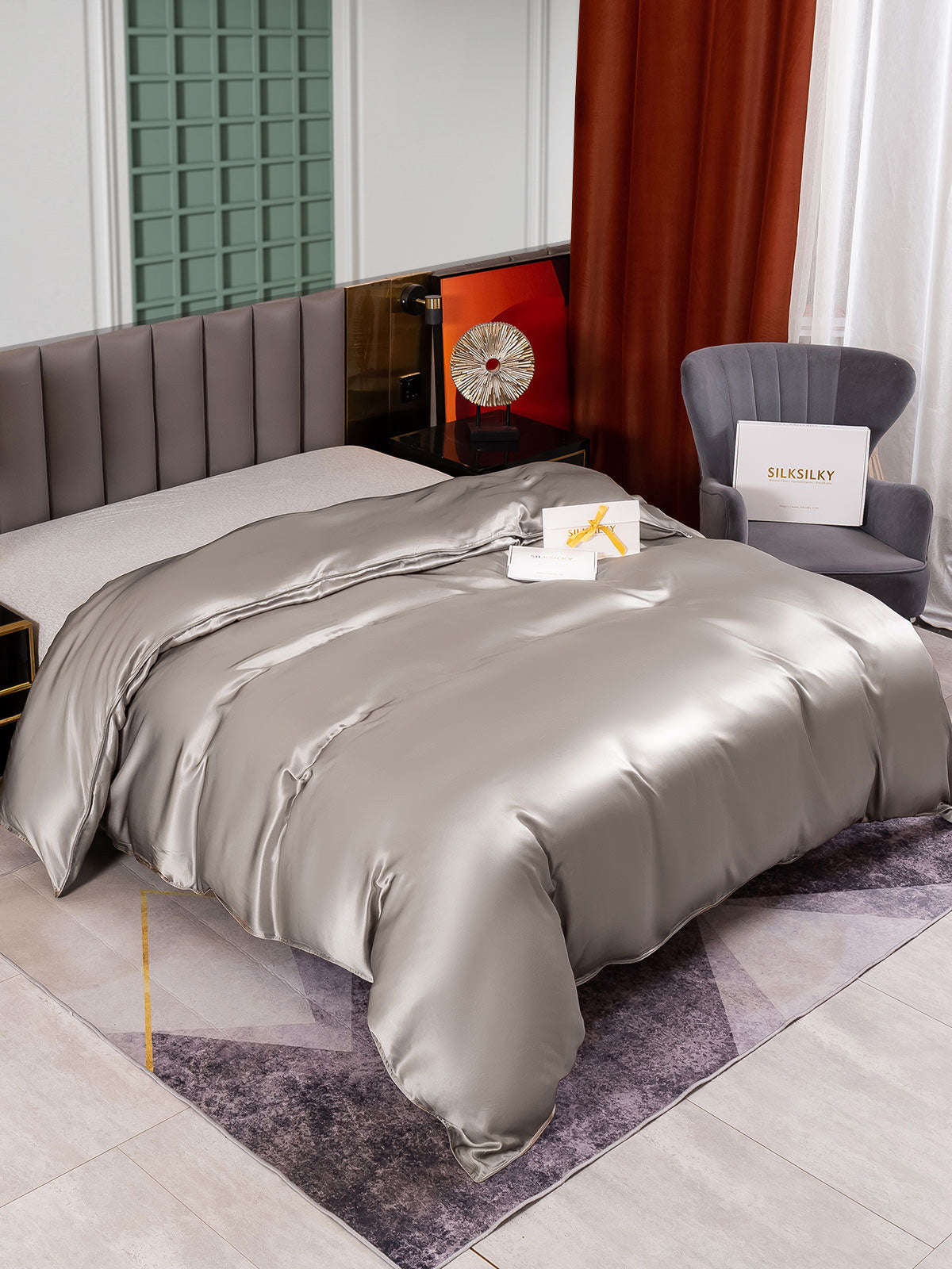 SilkSilky ES 25Momme Seda Pura Duvet Cover Gris 002