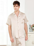 SilkSilky ES 19Momme Seda Pura Manga corta Solapa Pijamas de hombre Beige 001