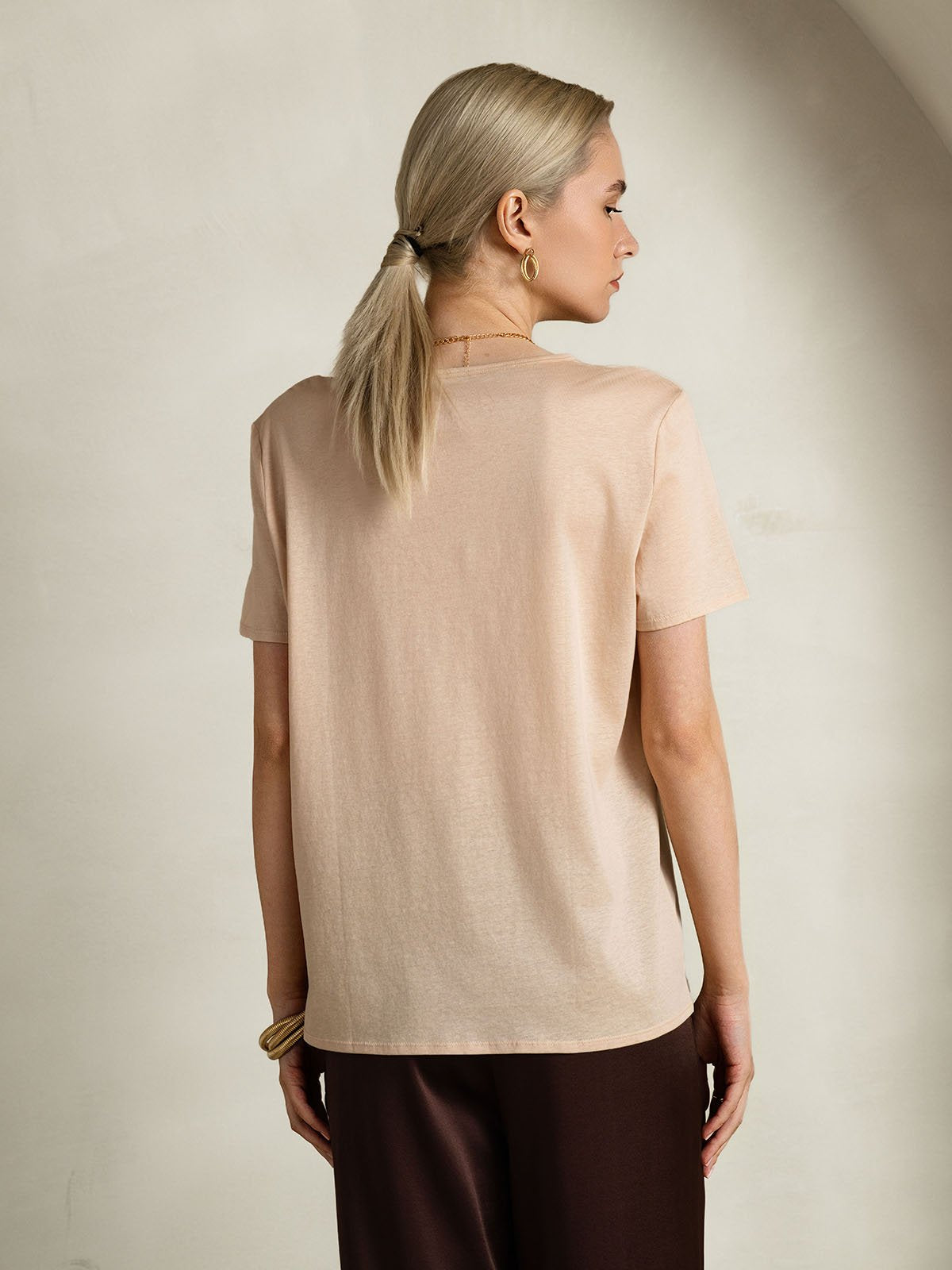 SilkSilky-ES Seda Manga corta Cuello en U Camisetas de Mujer Beige 002