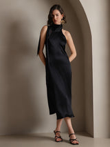 [Negro] SilkSilky-ES Sleeveless Halter Vestido 006