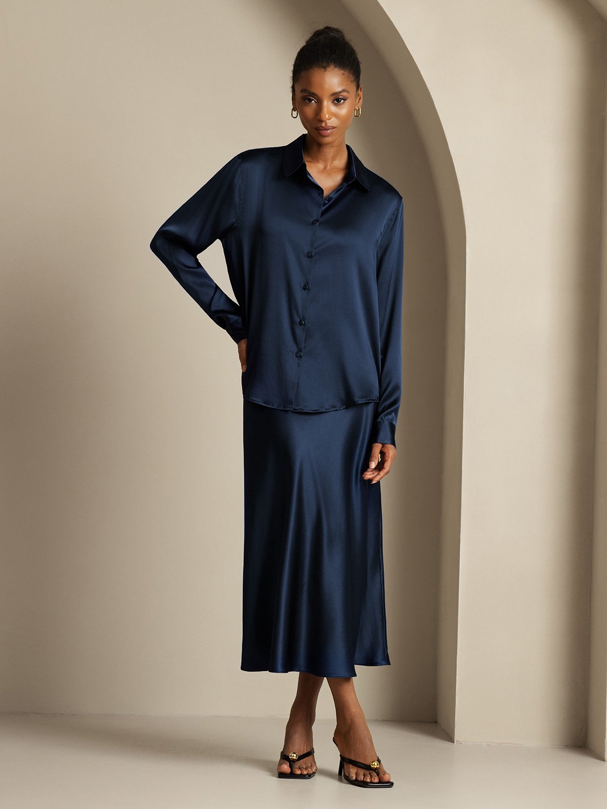 [Azul Oscuro] SilkSilky-ES 19Momme Seda Cuello Camisero Women''s Outfit Sets 006,