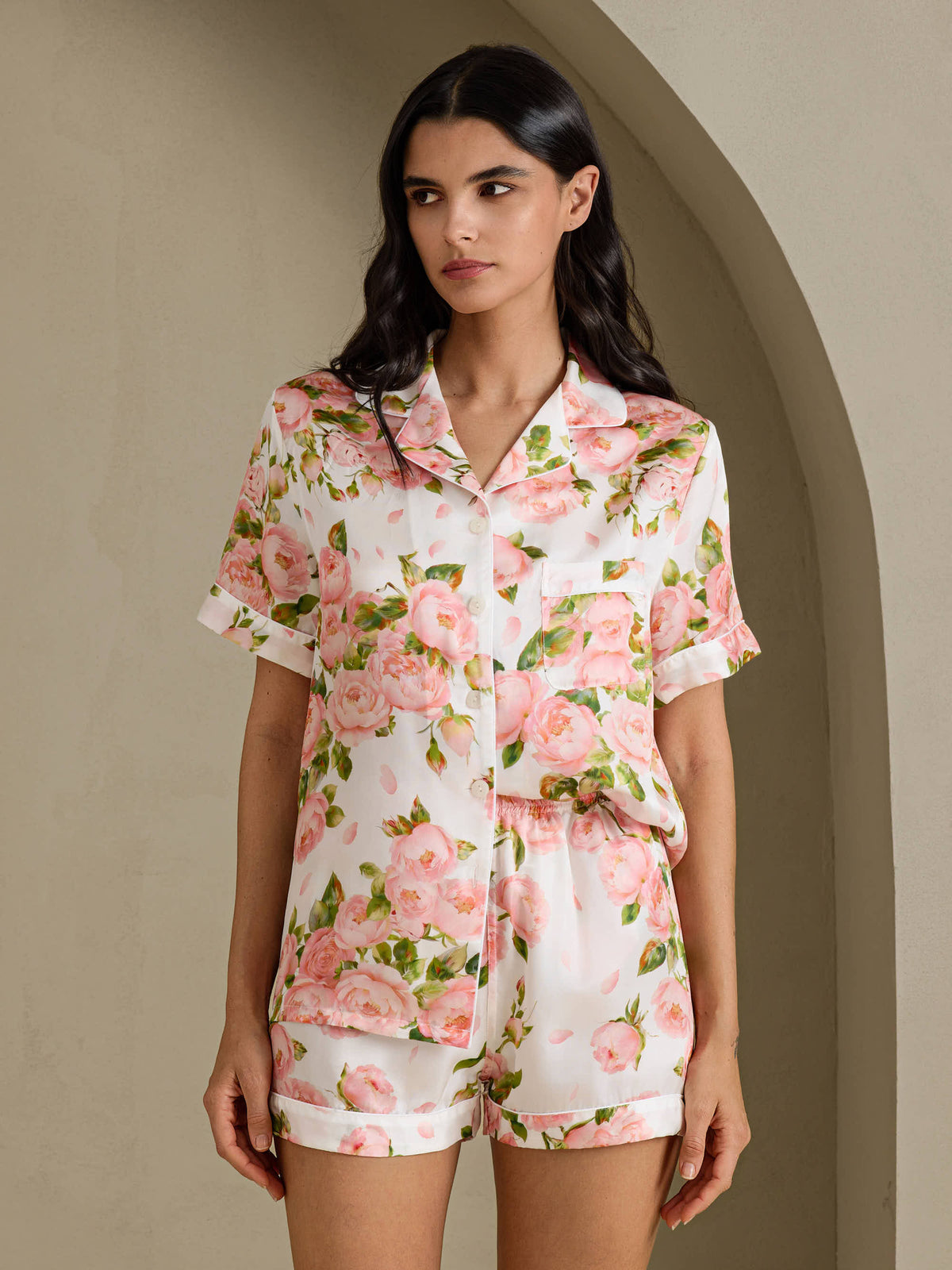 [Peonía Blanca] SilkSilky-ES Short Sleeve Notch Collar Pijamas de mujer 001