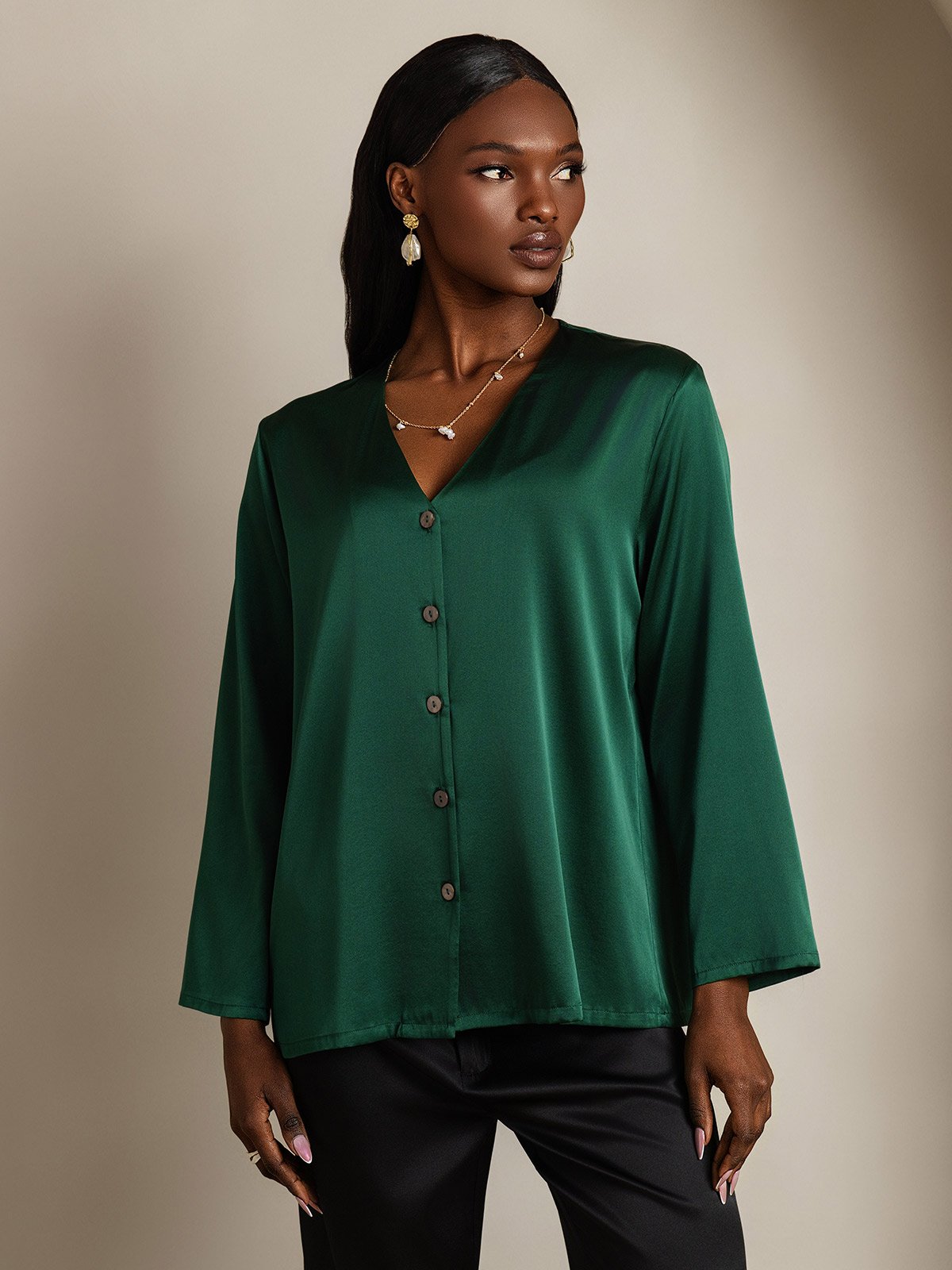 [Verde Oscuro] SilkSilky-ES 19Momme Seda Cuello en V Blusas de Mujer 005