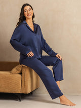 [Azul Oscuro] SilkSilky-ES 19Momme Manga larga Cuello de Muesca Pijamas de mujer 008