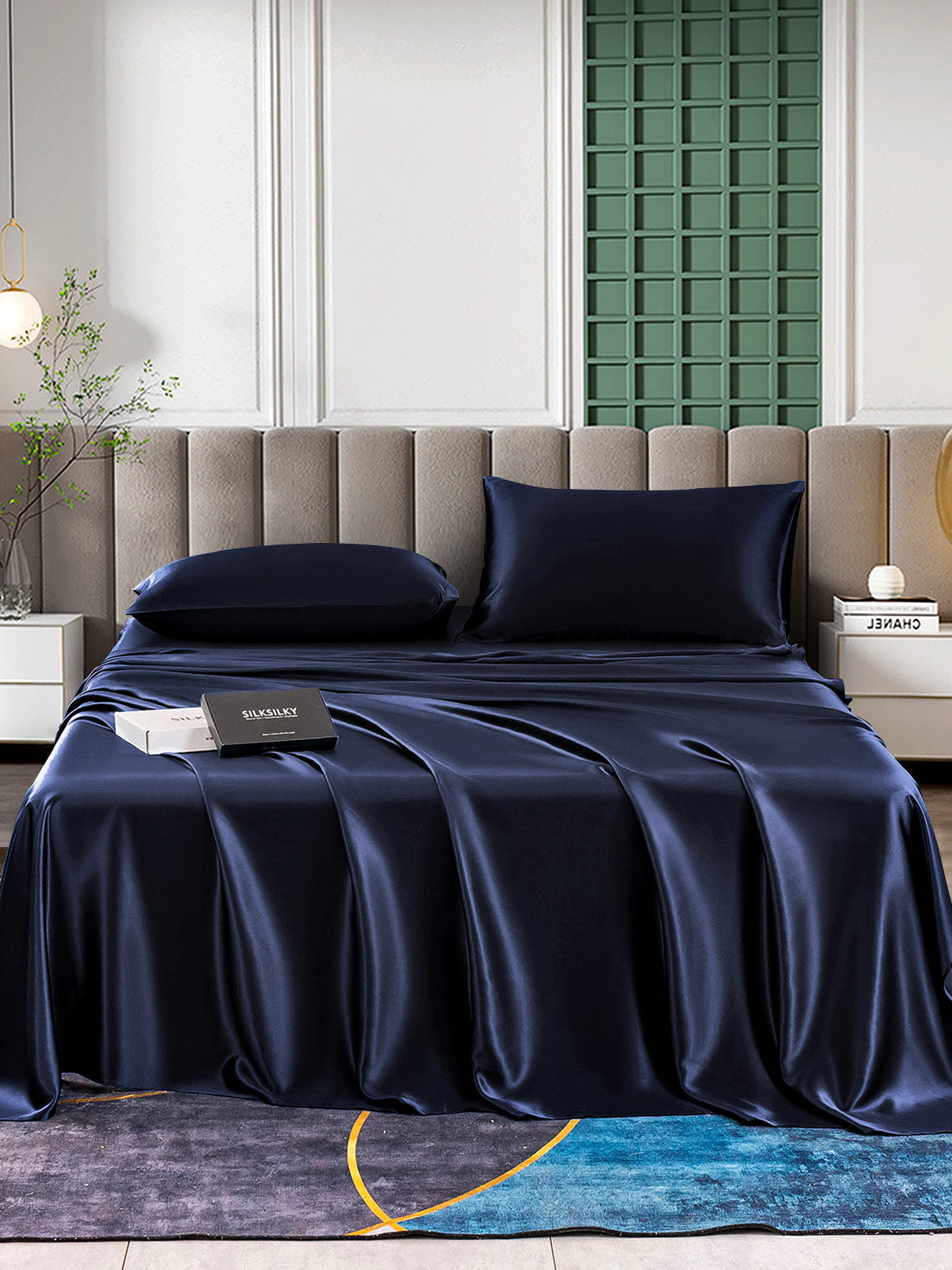 SilkSilky ES 25Momme Seda Pura Bedding Set AzulOscuro 001