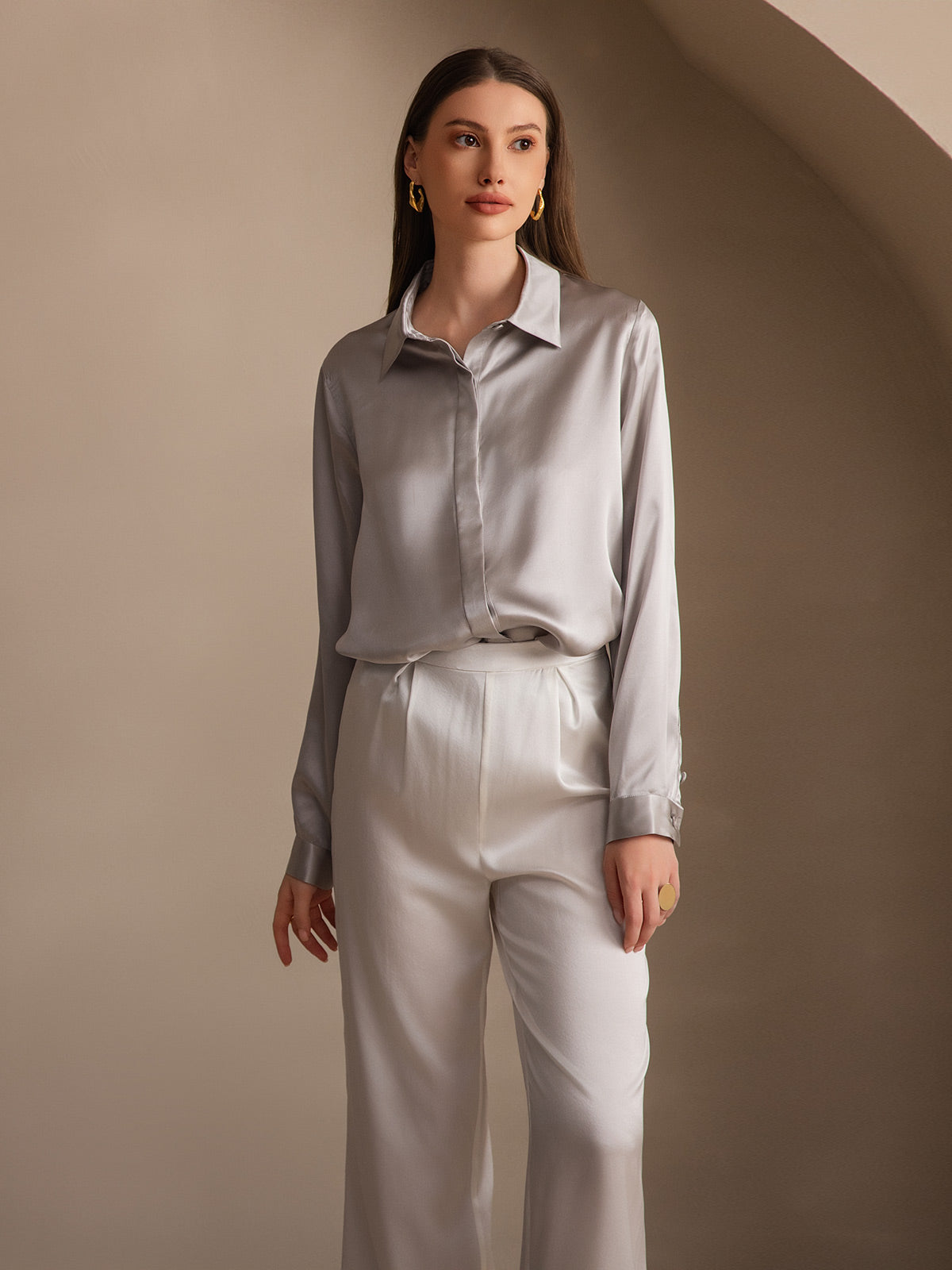 [Gris Claro] SilkSilky-ES 19Momme Seda Lapel Collar Blusas de Mujer 006