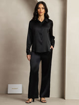 [Negro] SilkSilky-ES 19Momme Seda Cuello Camisero Women''s Outfit Sets 001,
