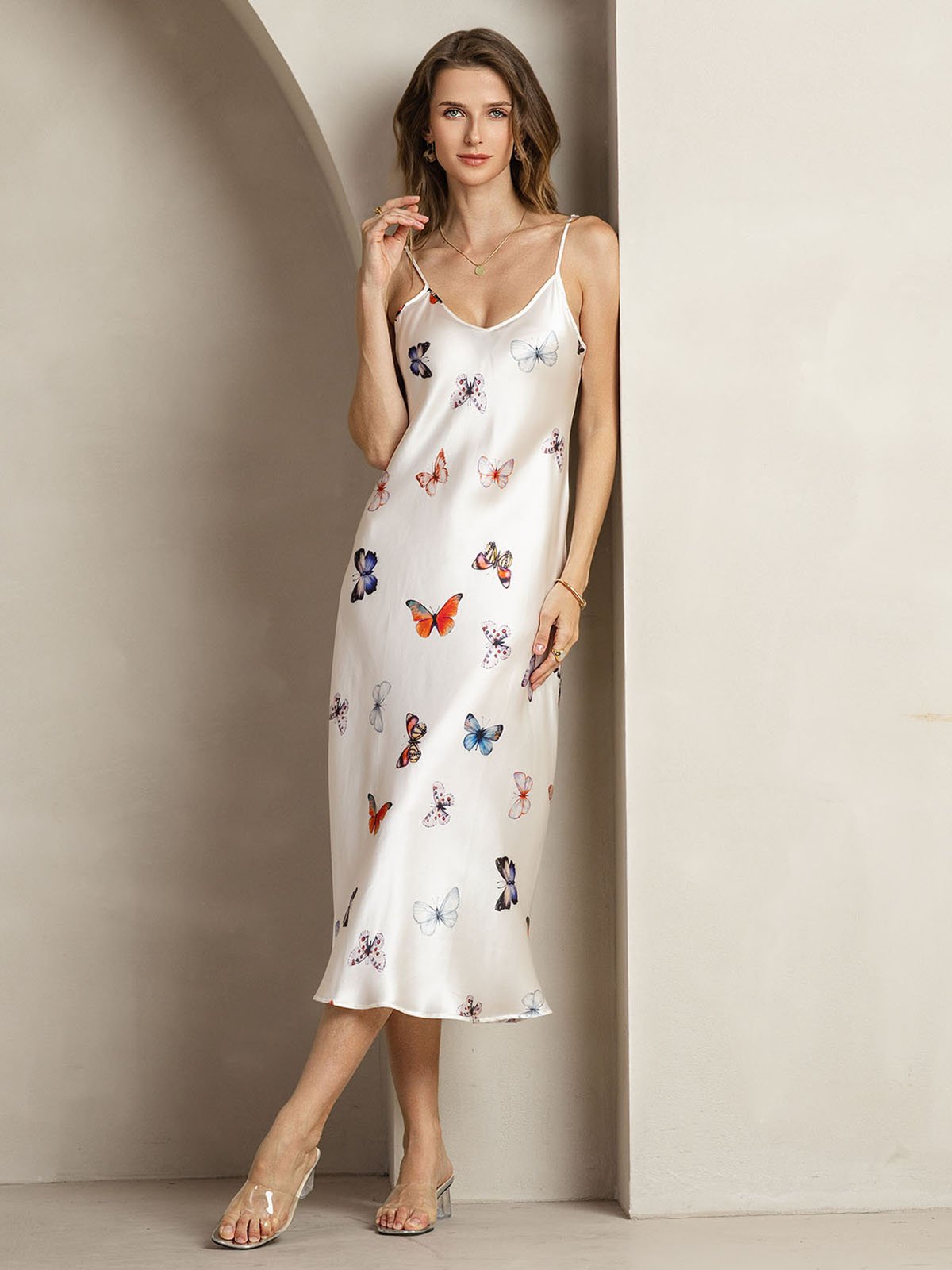 [MariposaBlanca] SilkSilky-ES 19Momme Seda Cuello en V Vestido 004