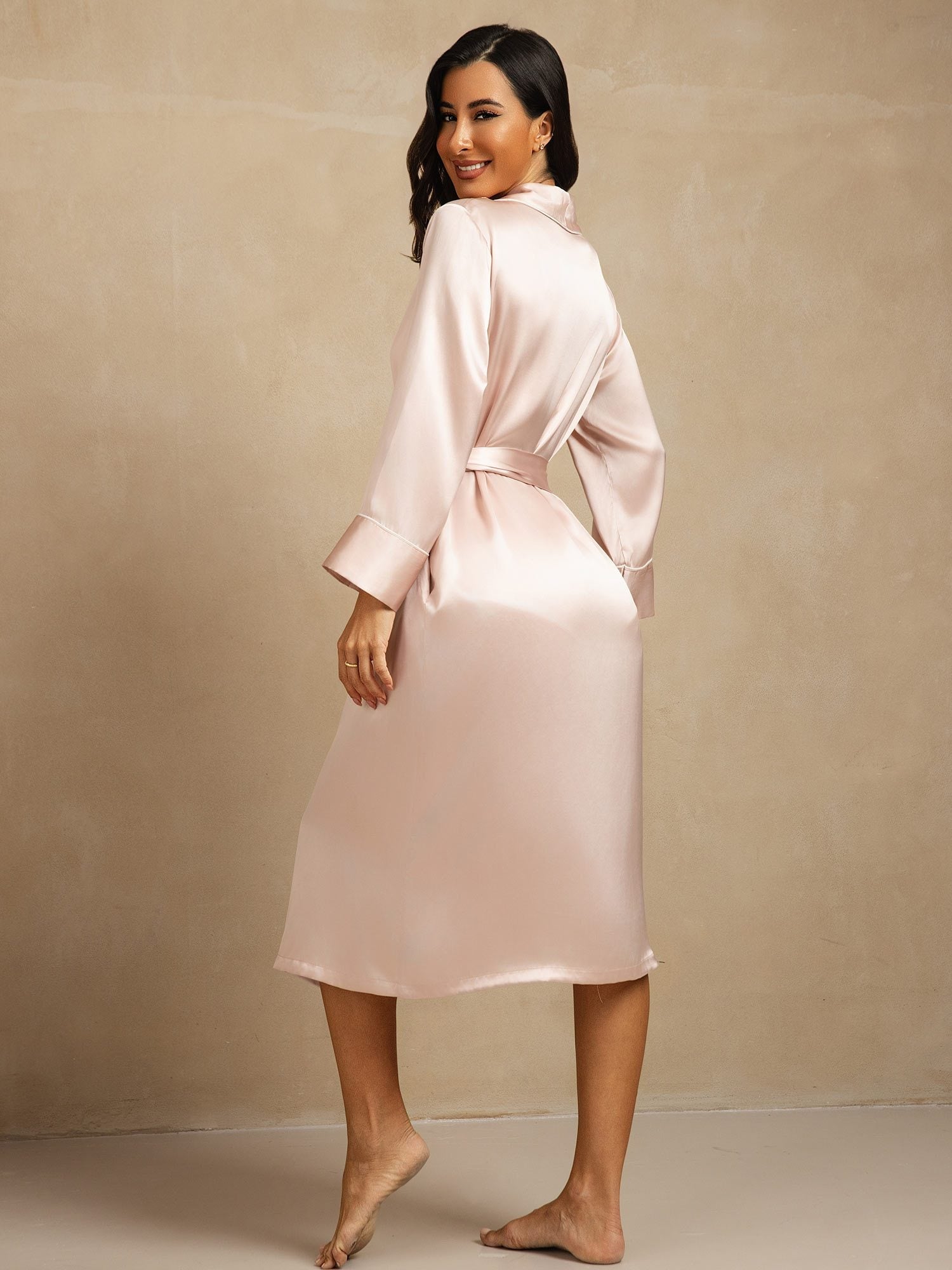 [Rosa] SilkSilky-ES Seda Pura Cuello Camisero Bata de mujer 002