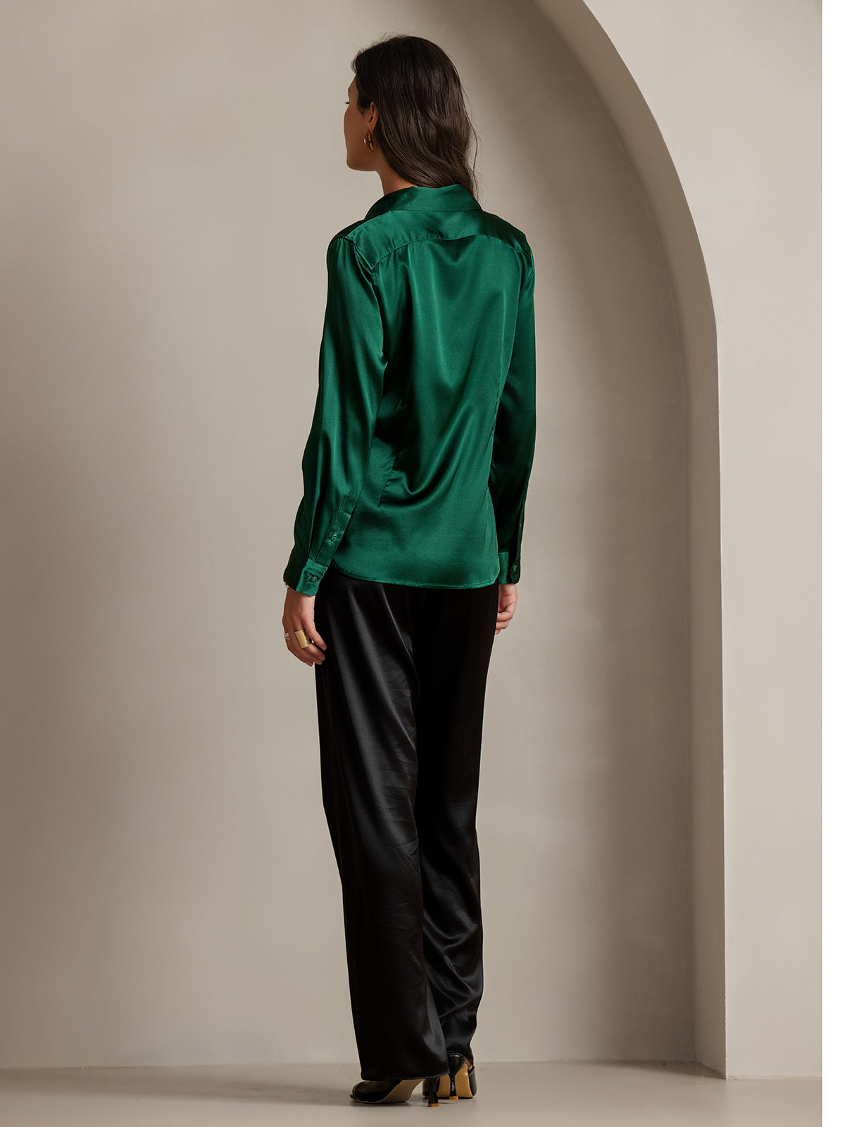 [Verde Oscuro] SilkSilky-ES 19Momme Manga larga Cuello con Solapa Blusas de Mujer 002