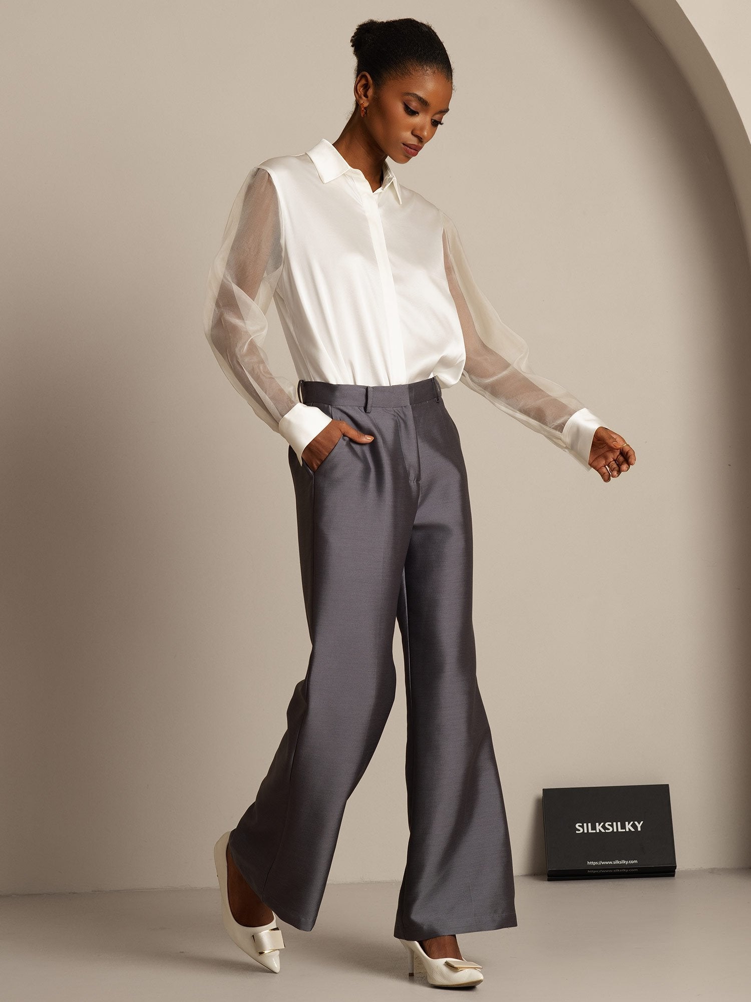 [Gris] SilkSilky-ES 32Momme Silk-Wool Blend Womens Pants 008,