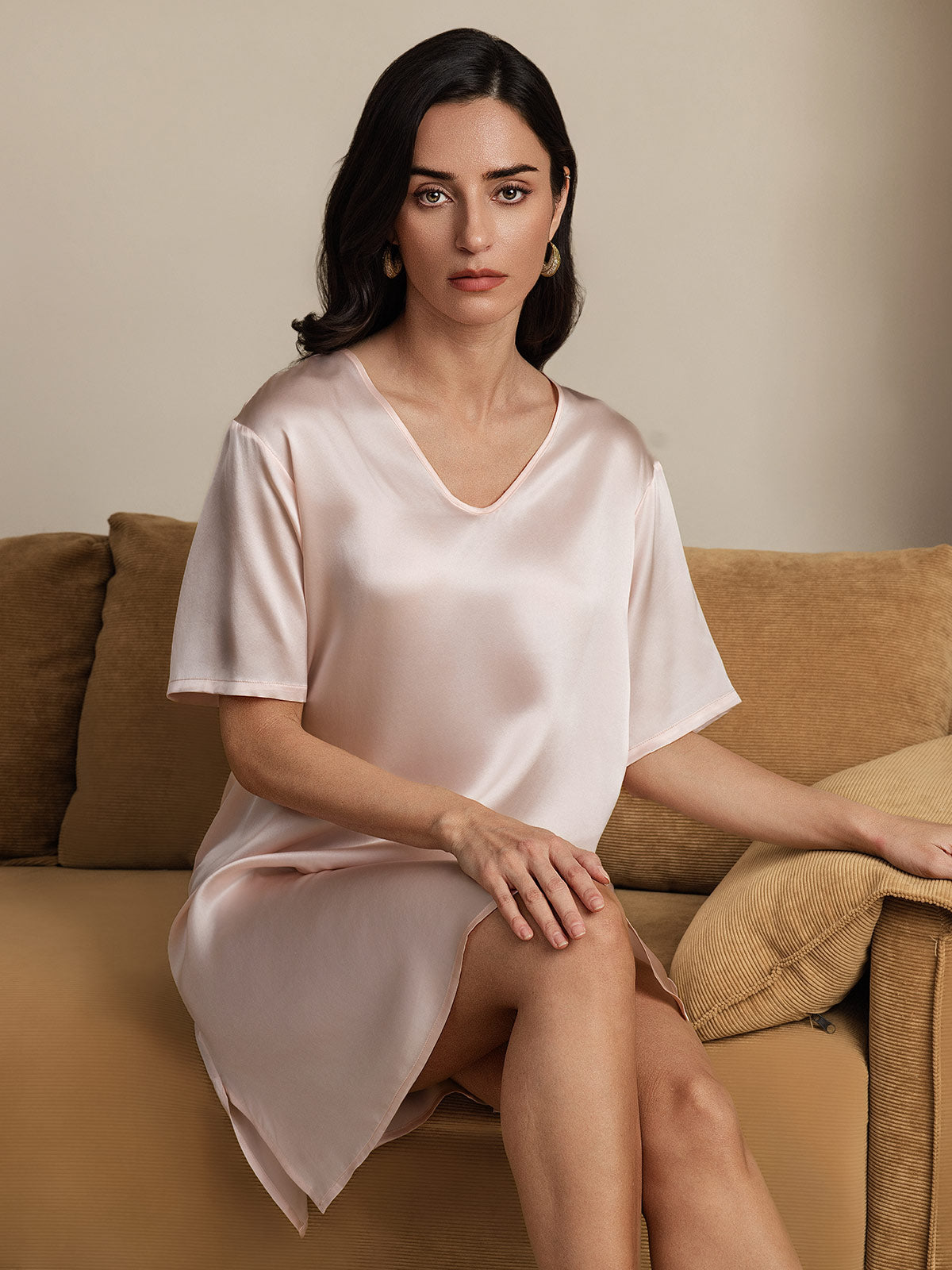 [Rosa Claro] SilkSilky-ES Seda Pura Cuello en V Camisón 006