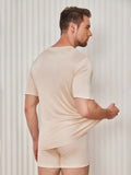 SilkSilky-ES Tejido de seda Manga corta Cuello en V Camiseta de hombre Beige 002