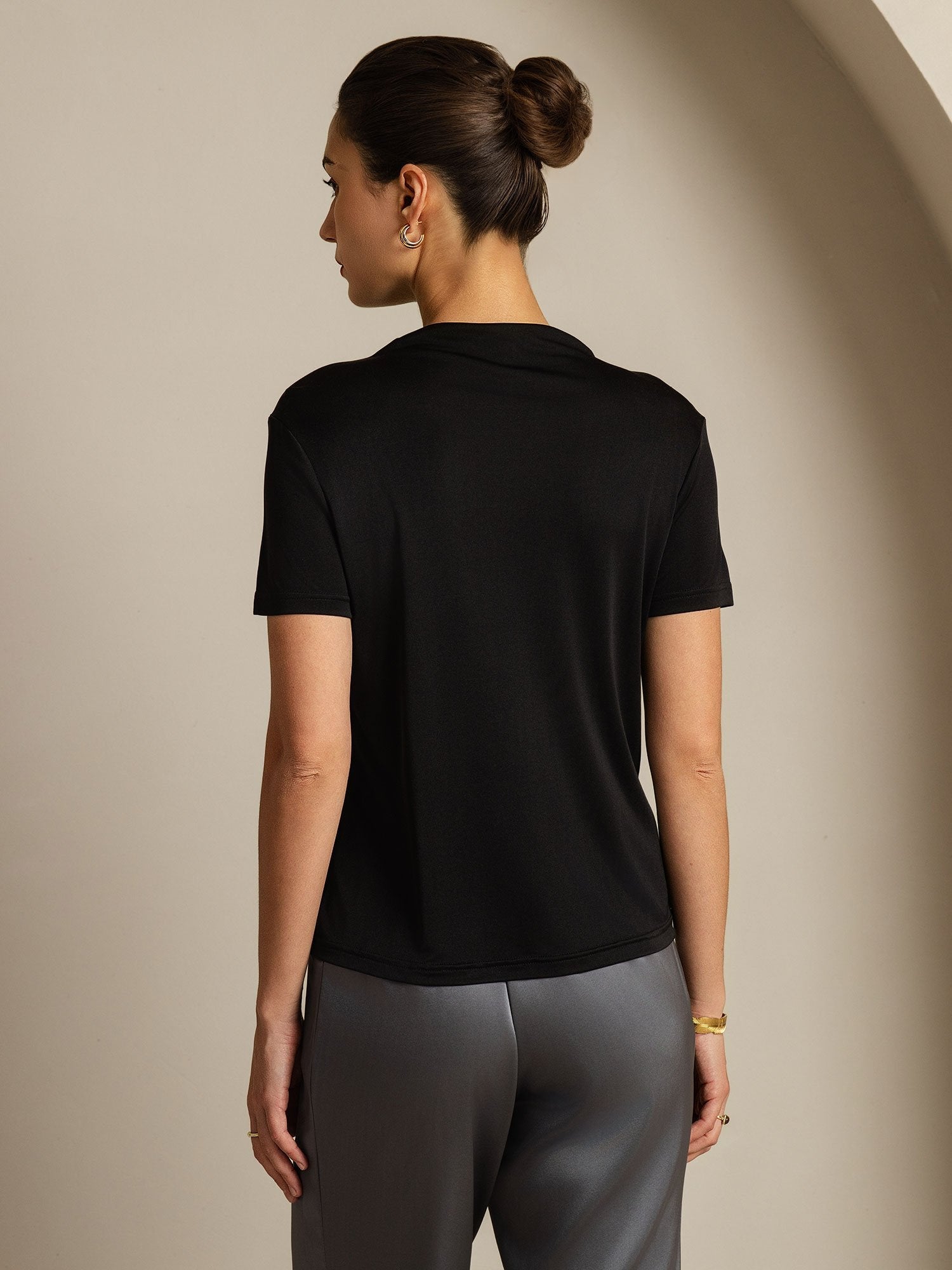 [Negro] SilkSilky-ES Seda Pura Cuello Camisero Camisetas de Mujer 002