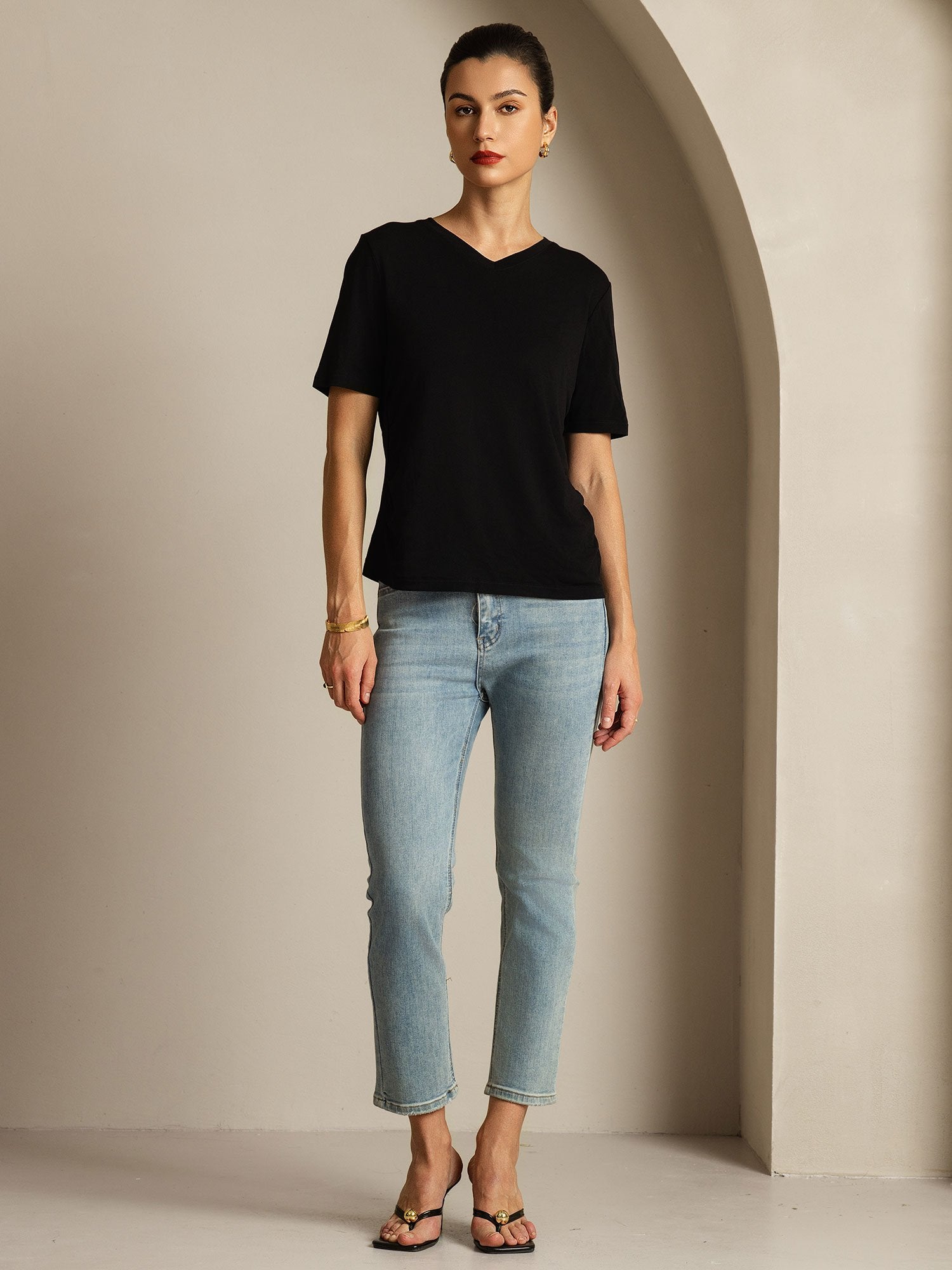 [Negro] SilkSilky-ES Seda Pura Cuello en V Camisetas de Mujer 008