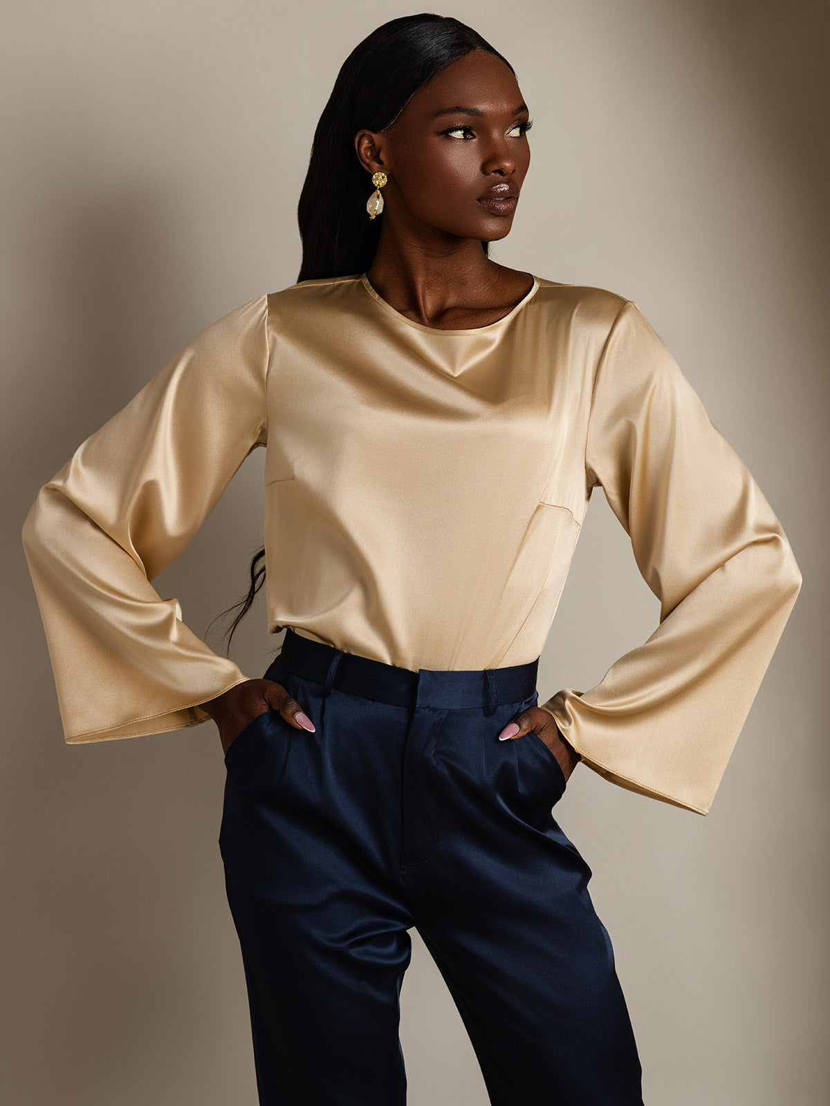 [Champán] SilkSilky-ES 19Momme Seda Manga larga Blouse 004