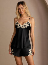 [Negro] SilkSilky-ES Spaghetti Strap V Neck Conjunto de tirantes 003