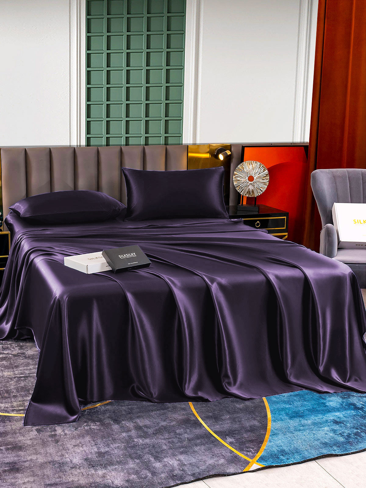 [Morado Oscuro] SilkSilky-ES 22Momme Seda Pura Bedding Set 006,