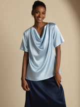 [Azul Grisáceo] SilkSilky-ES Short Sleeve Cowl Neck Blusas 004
