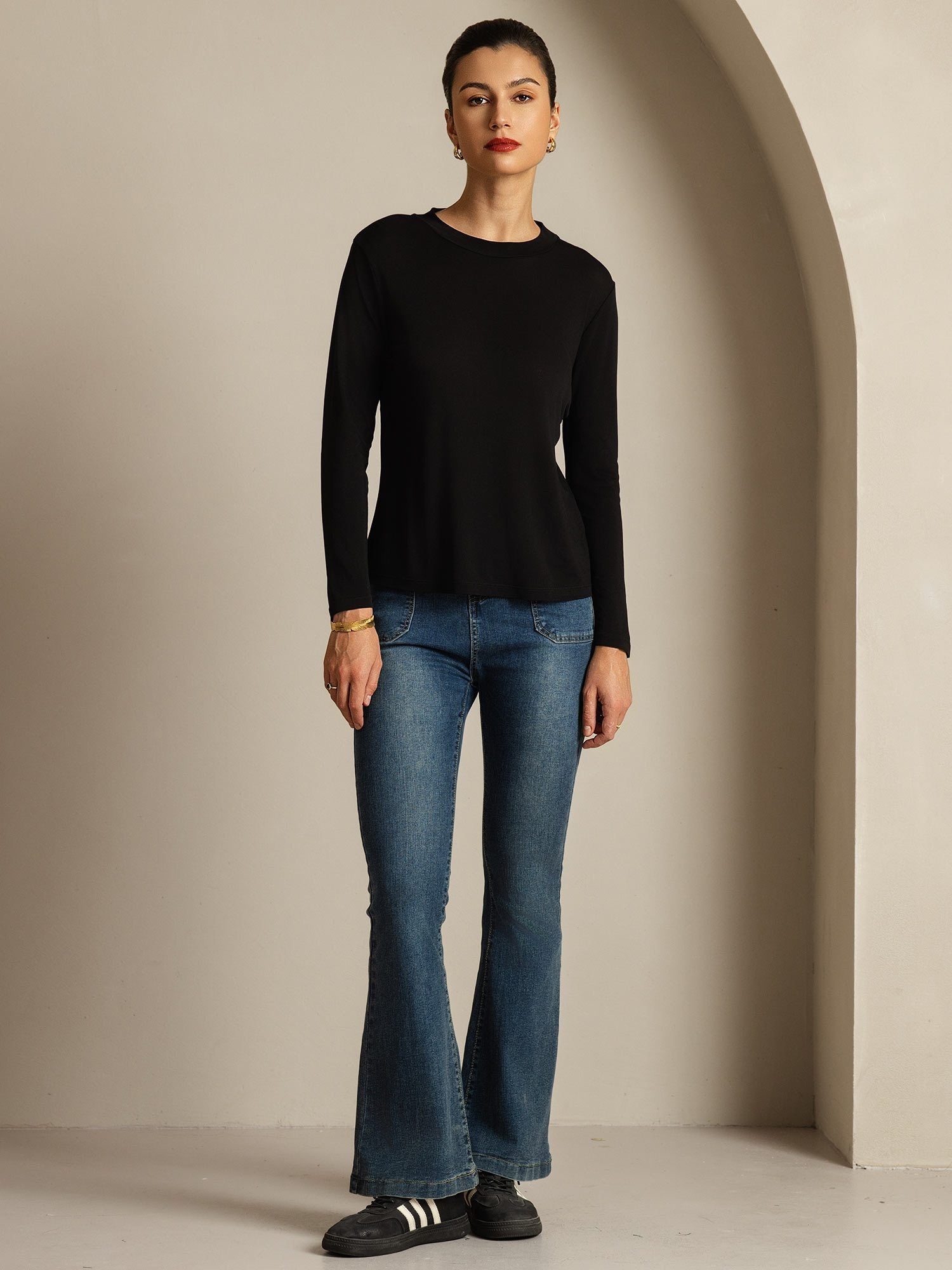 [Negro] SilkSilky-ES Seda Pura Womens T-Shirt 004