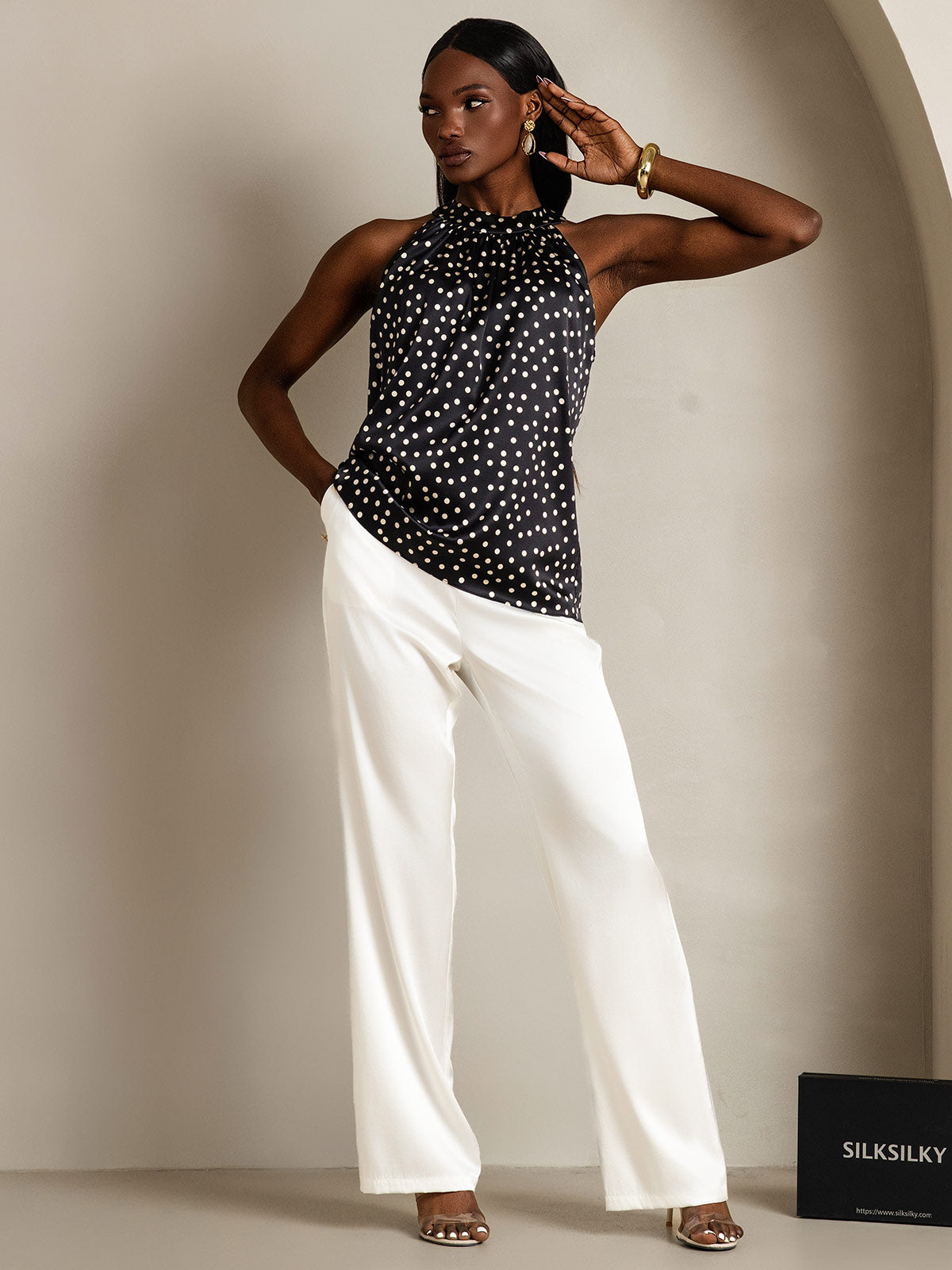 [Negro+Blanco] SilkSilky-ES 19Momme Seda Womens T-Shirt 006