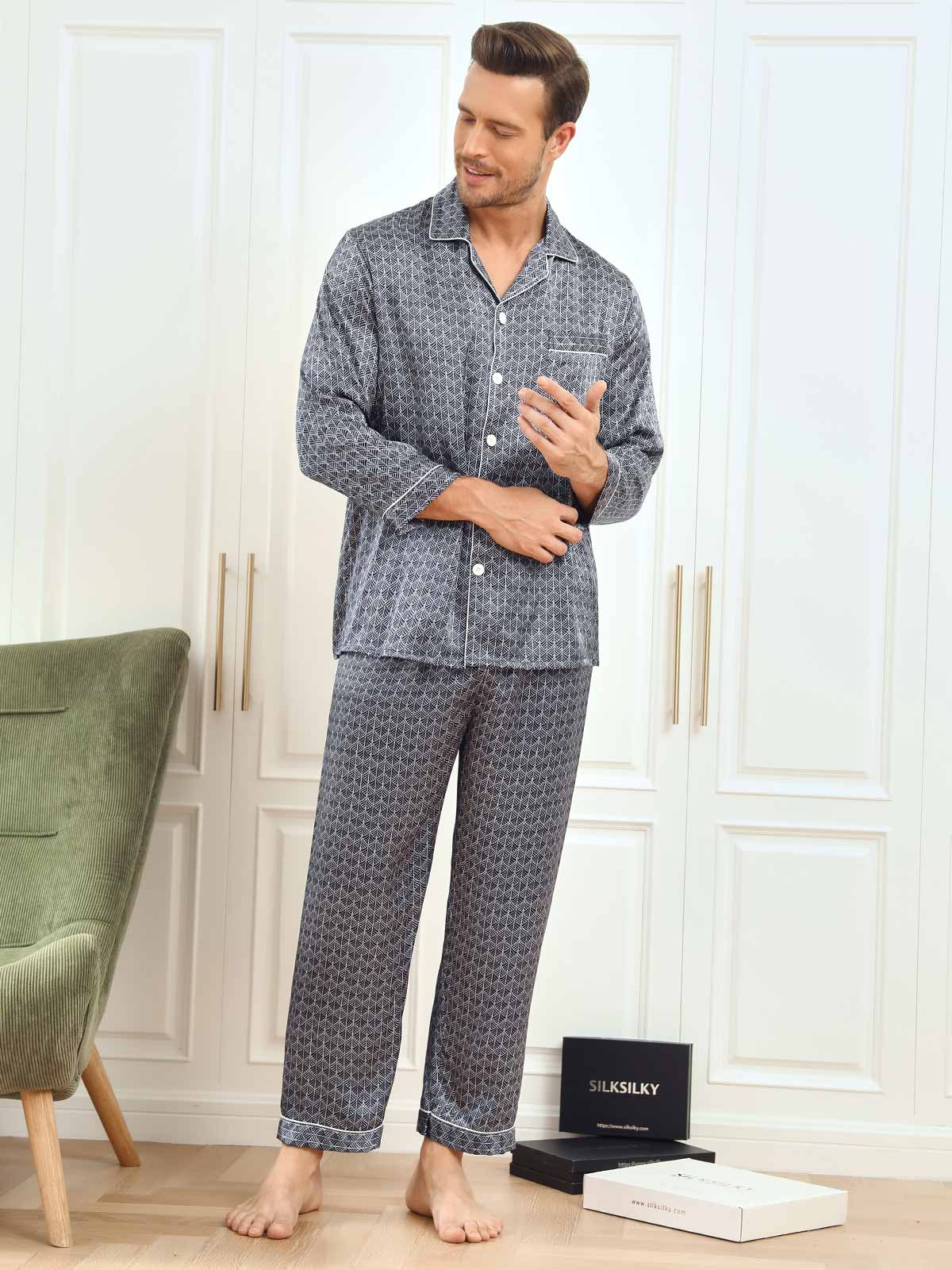 [Ginkgo Azul Marino] SilkSilky-ES 19Momme Seda Pura Mens Pajamas 007