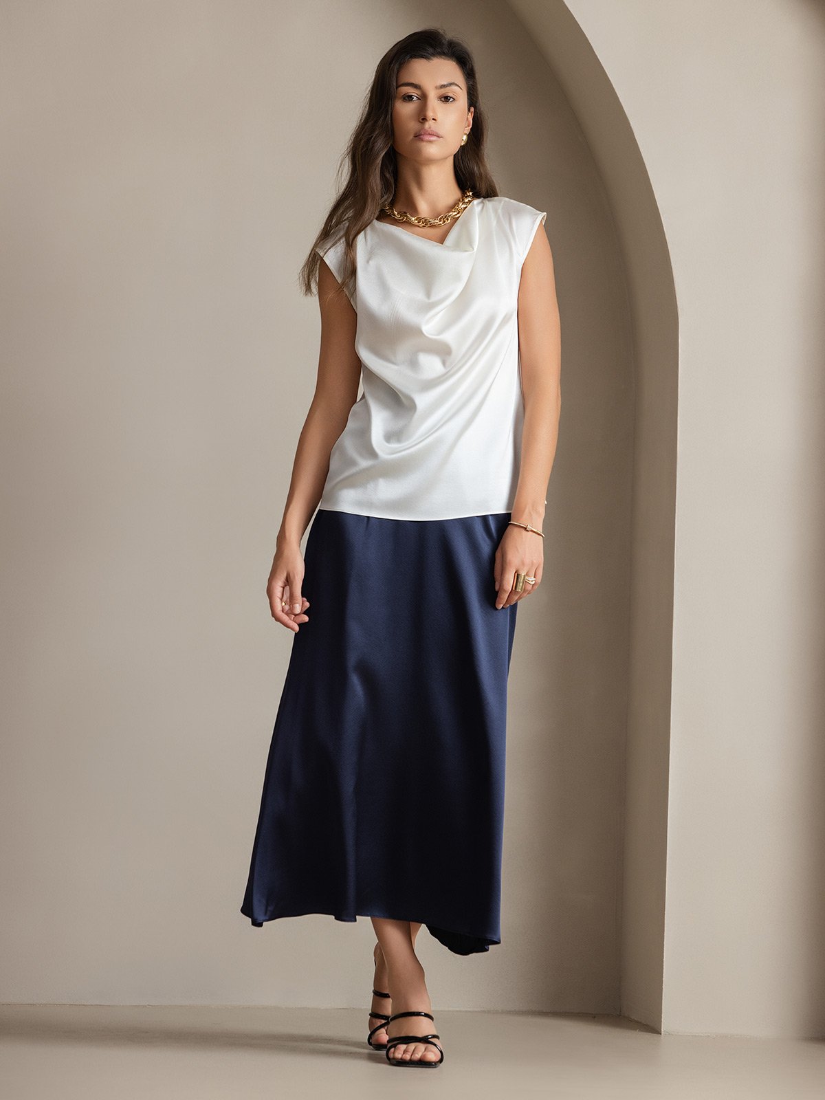[Blanco] SilkSilky-ES 19Momme Seda Escote Caído Camisetas de Mujer 007