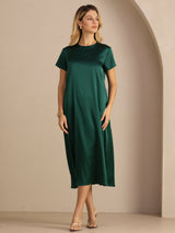 [Verde Oscuro] SilkSilky-ES Short Sleeve Round Neck Vestido 005