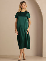 [Verde Oscuro] SilkSilky-ES Short Sleeve Crew Neck Vestido 005