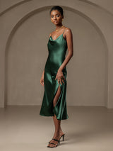 [Verde Oscuro] SilkSilky-ES Spalline Sottili Cuello Drapeado Vestido 007