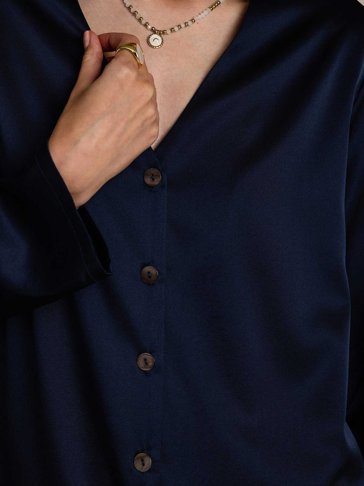 [Azul Oscuro] SilkSilky-ES 19Momme Seda Cuello en V Blusas de Mujer 007