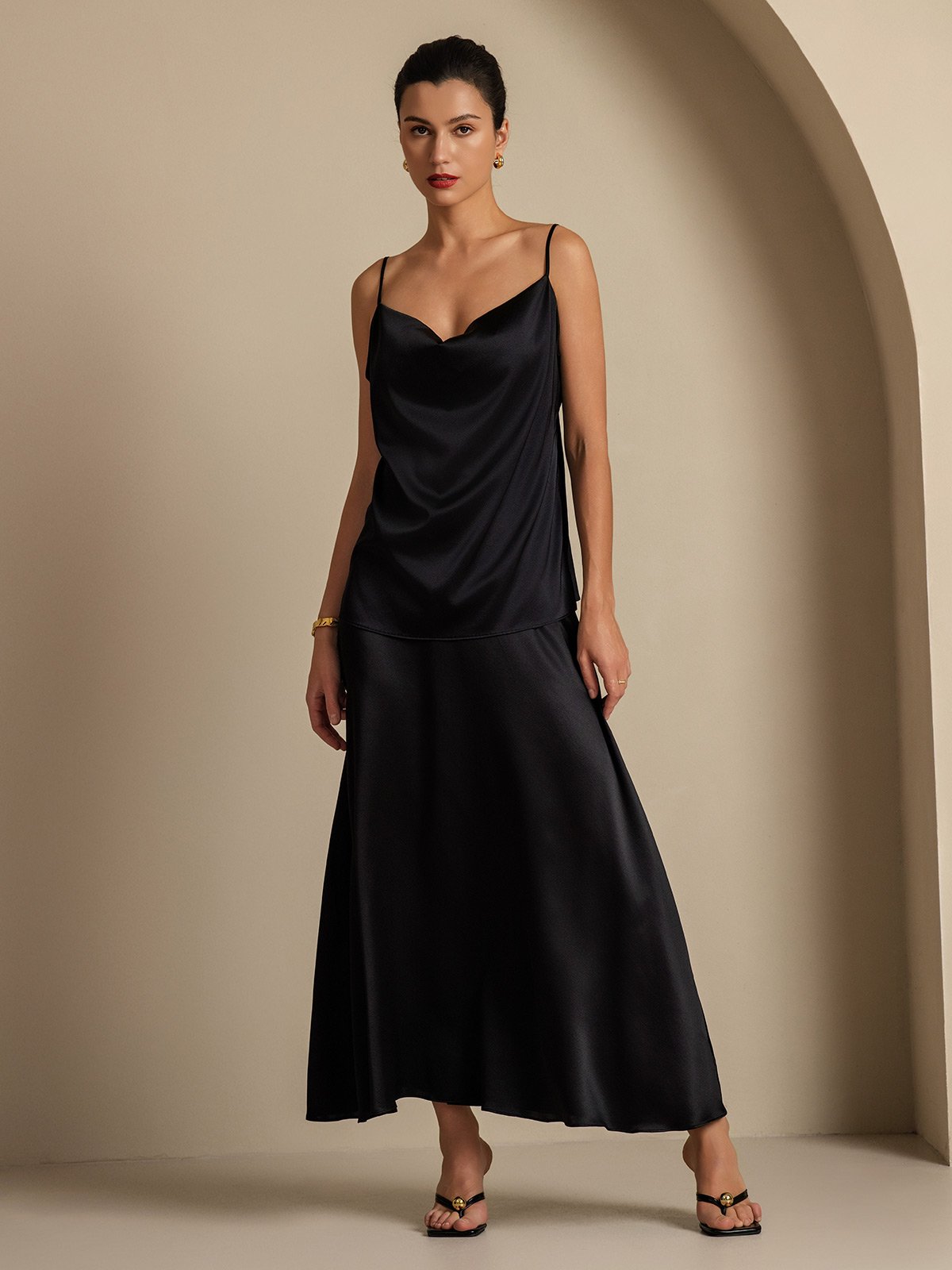 [Negro] SilkSilky-ES 19Momme Seda Cuello Camisero Women''s Outfit Sets 007,