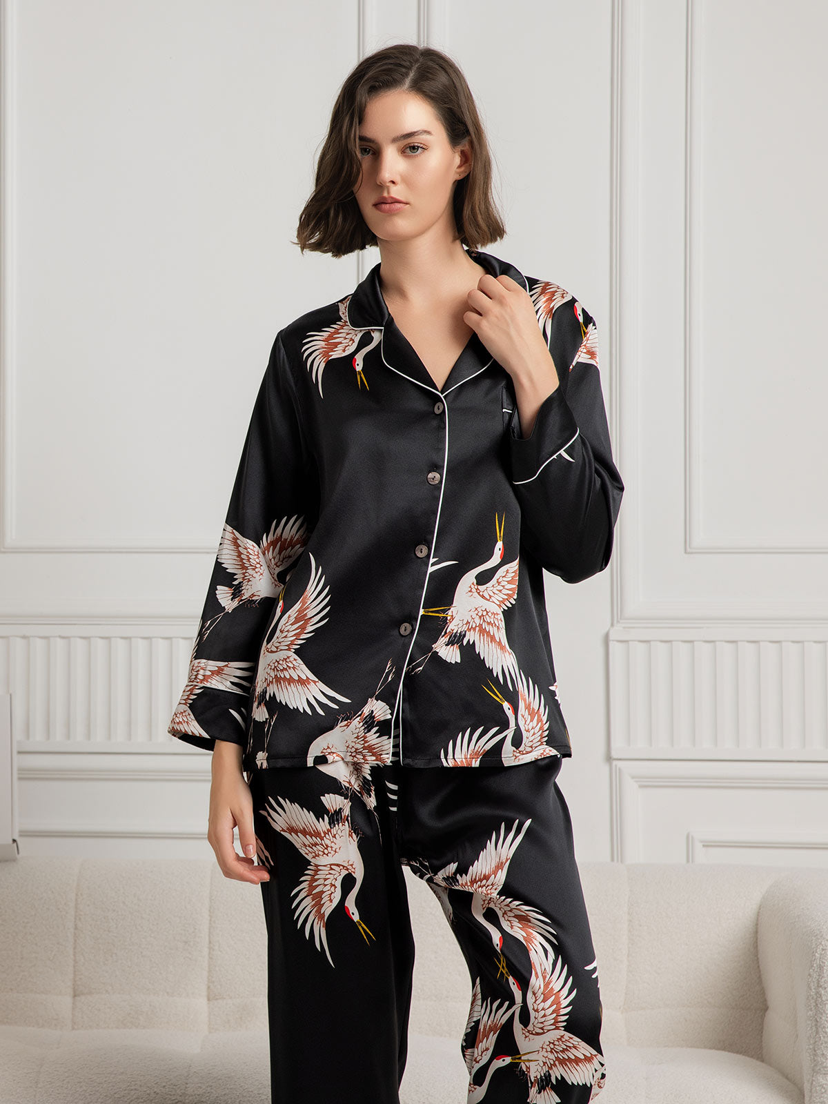 [Negro] SilkSilky-ES 19Momme Seda Pura Manga larga Solapa Pijamas de mujer 003