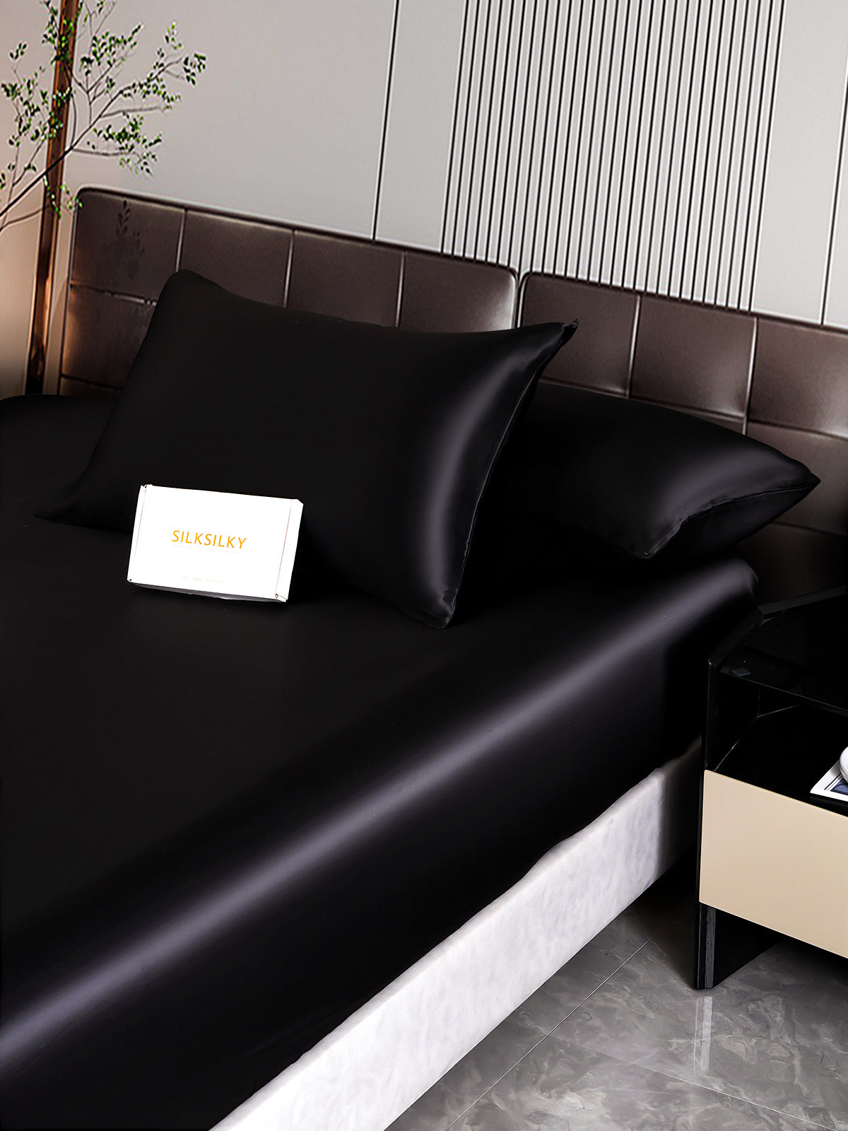 [Negro] SilkSilky-ES 22Momme Seda Pura Bedding Set 006