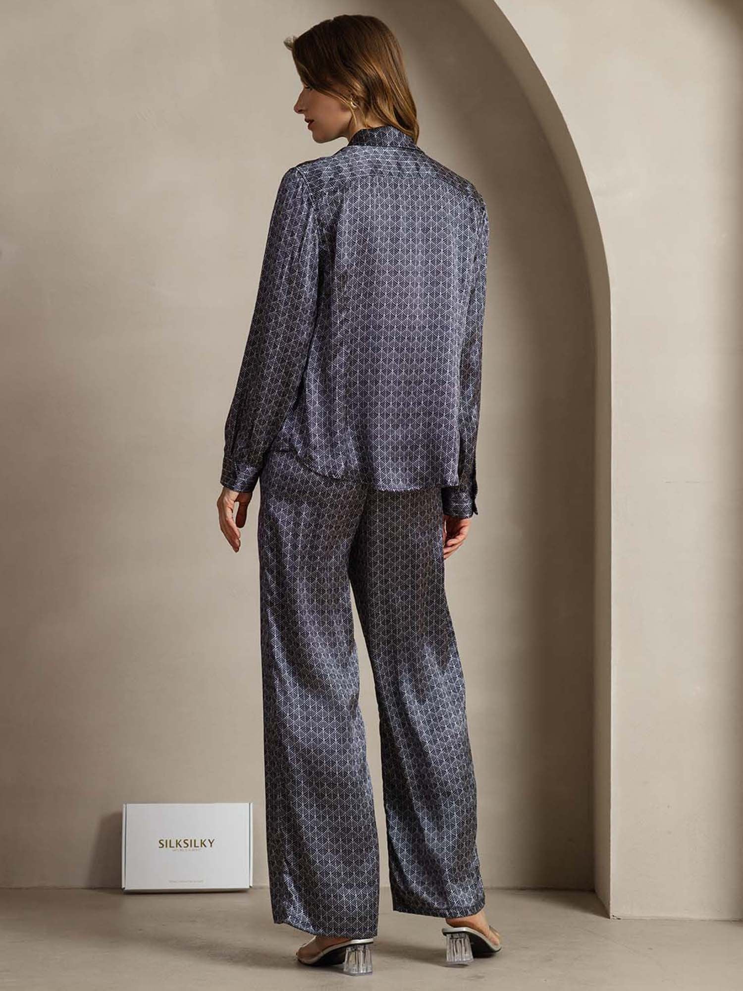 [Ginkgo Azul Marino] SilkSilky-ES 19Momme Seda Cuello Camisero Women''s Outfit Sets 004,