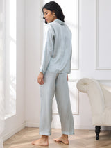 [Azul Claro] SilkSilky-ES Long Sleeve Lapel Collar Pijamas de mujer 002