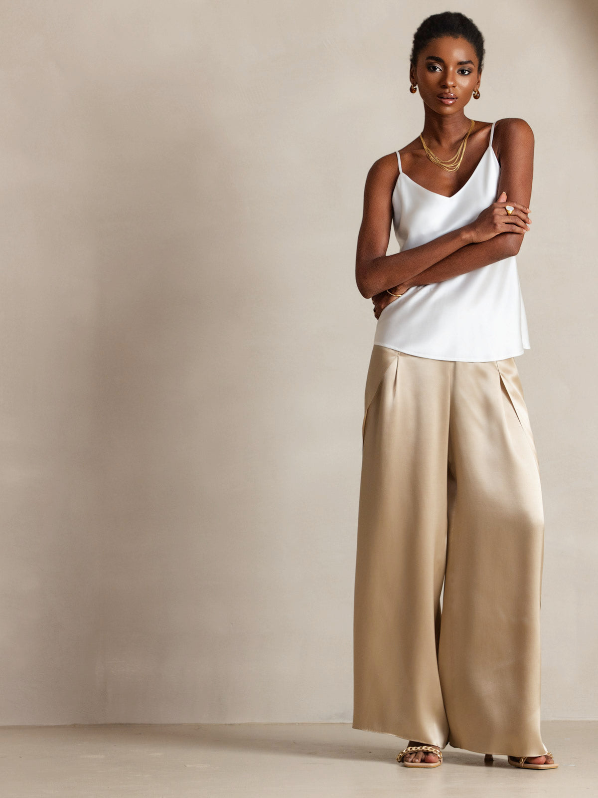 [Blanco] SilkSilky-ES Seda Pura Sin mangas Cuello en V Top de tirantes 006