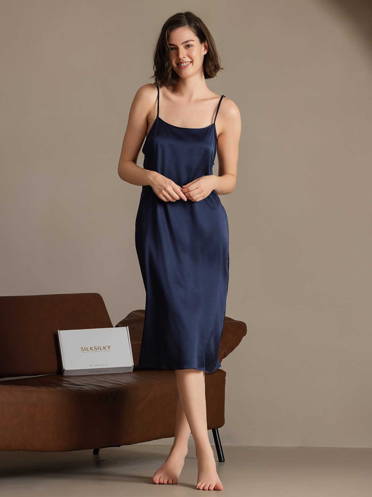 [Azul Oscuro] SilkSilky-ES 19Momme Seda Sin mangas Dress 003