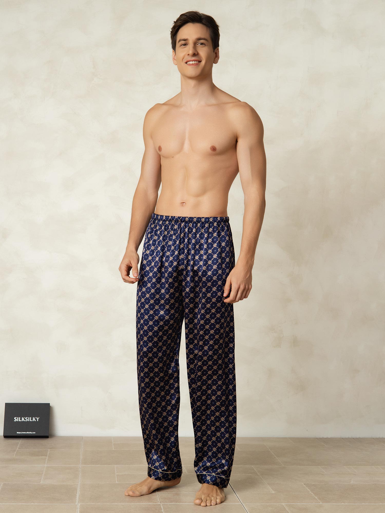 [Cadena Azul Marino] SilkSilky-ES Seda Pura Mens Sleep Bottoms 004