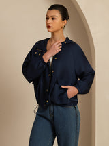 [AzulOscuro] SilkSilky-ES Manga larga Cuello Alto Chaqueta de mujer 005