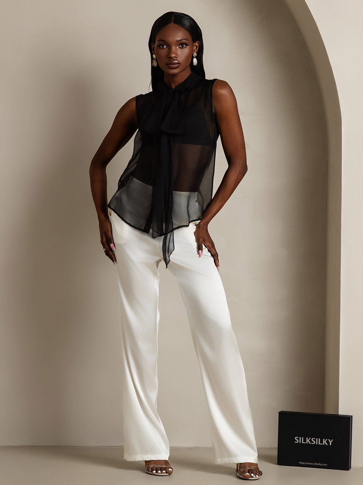 SilkSilky-ES Seda Pura Sin mangas Corbata Blusas de Mujer Negro 007