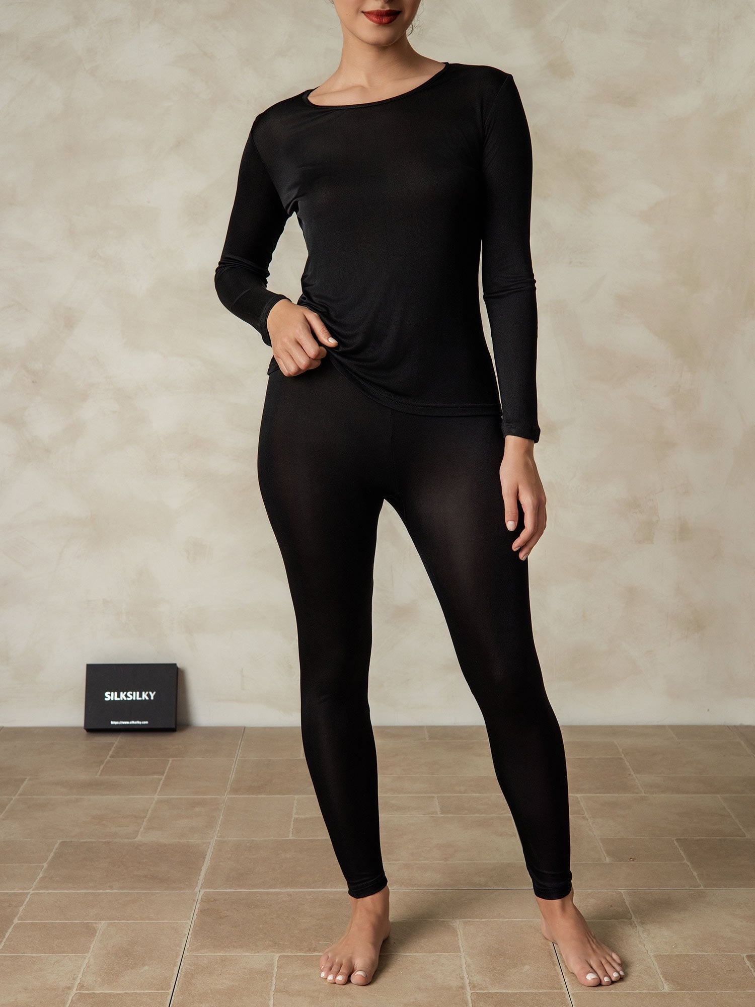 [Negro] SilkSilky-ES Seda Womens Pajamas 001